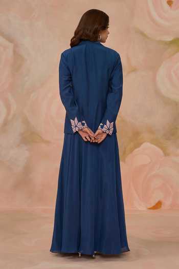 Shop_Kahani Lush_Blue Silk, Cotton V-neck Hand Embroidered Jacket And Skirt Set _at_Aza_Fashions