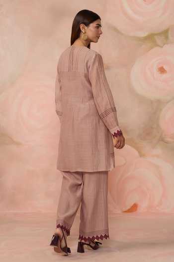Shop_Kahani Lush_Grey Chanderi Round Neck Hand Embroidered Kurta And Pant Set _at_Aza_Fashions