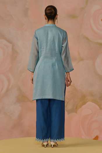 Shop_Kahani Lush_Blue Chanderi Mandarin Collar, Yes Hand Embroidered Kurta And Pant Set _at_Aza_Fashions