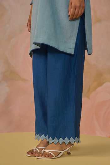 Shop_Kahani Lush_Blue Chanderi Mandarin Collar, Yes Hand Embroidered Kurta And Pant Set _Online_at_Aza_Fashions
