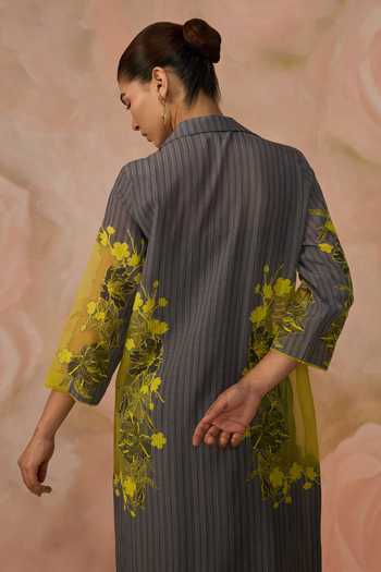 Shop_Kahani Lush_Grey Cotton Collared Hand Embroidered Jacket Pant Set _at_Aza_Fashions