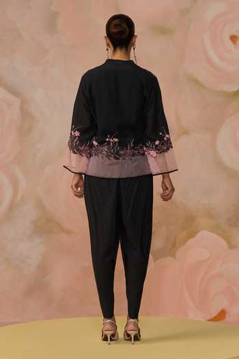 Shop_Kahani Lush_Black Silk, Cotton Embroidery Open Neck Hand Jacket Pant Set _at_Aza_Fashions