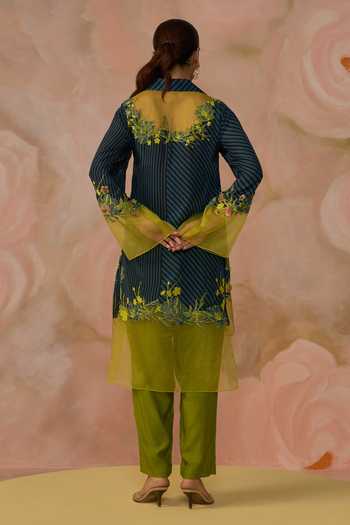 Shop_Kahani Lush_Blue Silk, Cotton Collared, Yes Hand Embroidered Kurta And Pant Set _at_Aza_Fashions