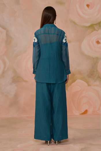 Shop_Kahani Lush_Blue Chanderi Collared Hand Embroidered Shirt And Pant Set _at_Aza_Fashions