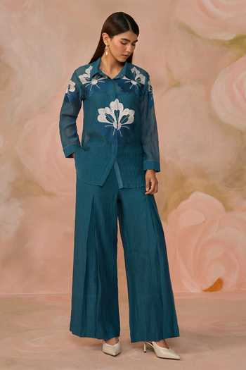 Buy_Kahani Lush_Blue Chanderi Collared Hand Embroidered Shirt And Pant Set _at_Aza_Fashions