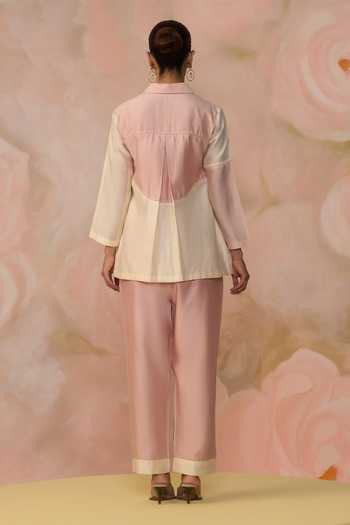Shop_Kahani Lush_Pink Chanderi Collared Color Block Shirt And Pant Set _at_Aza_Fashions