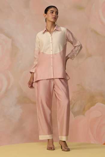 Buy_Kahani Lush_Pink Chanderi Collared Color Block Shirt And Pant Set _at_Aza_Fashions