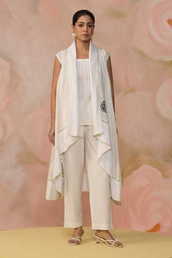 Buy_Kahani Lush_White Linen Square Neck Asymmetric Jacket Pant Set _at_Aza_Fashions