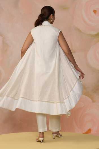 Shop_Kahani Lush_White Linen Square Neck Asymmetric Jacket Pant Set _at_Aza_Fashions