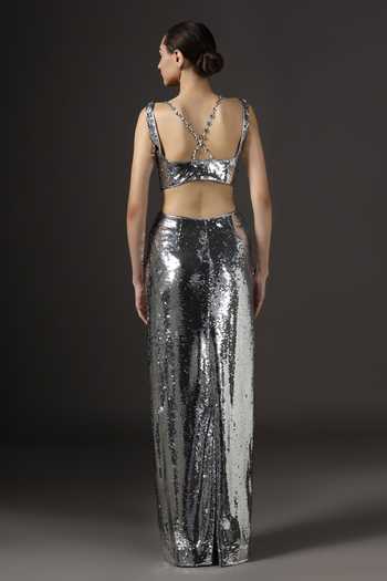 Shop_Pooja Peshoria_Silver Knit Sequins, Crystals Scoop Neck Gown _at_Aza_Fashions