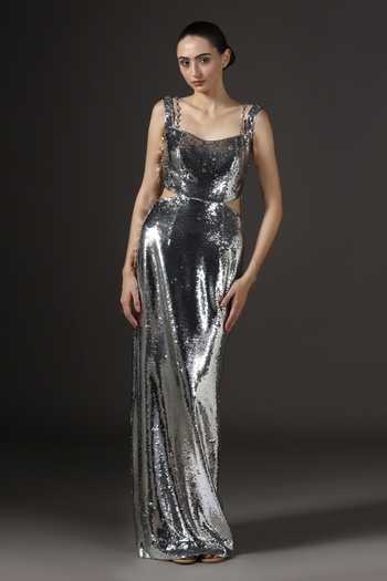 Buy_Pooja Peshoria_Silver Knit Sequins, Crystals Scoop Neck Gown _at_Aza_Fashions