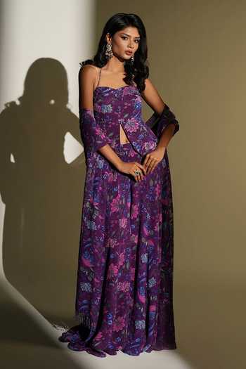 Buy_Kiyohra_Purple Georgette Embroidery Sweetheart Neck, Florence Print Top Palazzo Set _at_Aza_Fashions