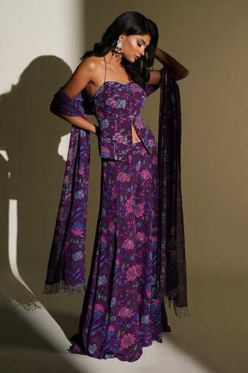 Shop_Kiyohra_Purple Georgette Embroidery Sweetheart Neck, Florence Print Top Palazzo Set _at_Aza_Fashions