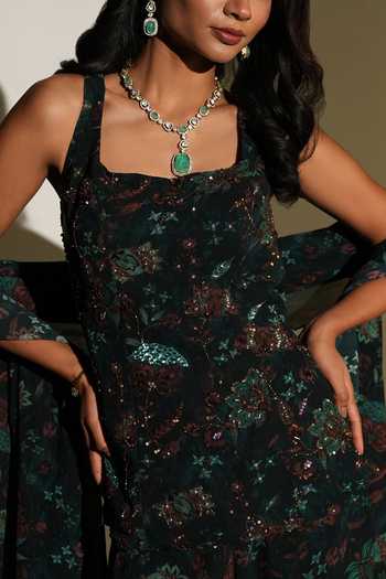 Buy_Kiyohra_Green Georgette Embroidery Square Neck Eka Print Kurta Palazzo Set _Online_at_Aza_Fashions
