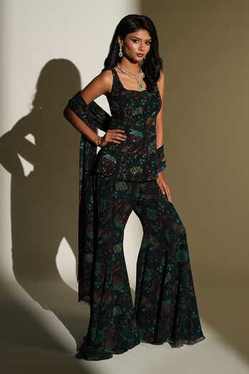 Kiyohra_Green Georgette Embroidery Square Neck Eka Print Kurta Palazzo Set _at_Aza_Fashions