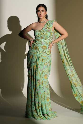 Buy_Kiyohra_Aqua Georgette Bandeau Neck Sienna Floral Print Pre-draped Saree Set _at_Aza_Fashions