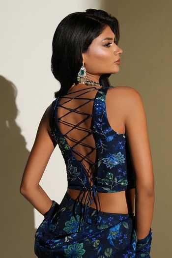 Shop_Kiyohra_Blue Organza Embroidery Inara Print Lehenga Set _at_Aza_Fashions