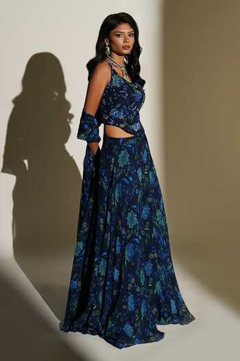 Kiyohra_Blue Organza Embroidery Inara Print Lehenga Set _Online_at_Aza_Fashions