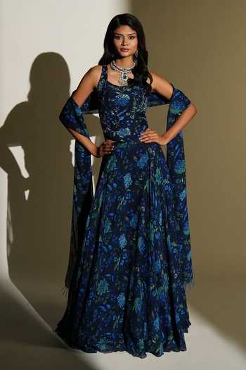 Buy_Kiyohra_Blue Organza Embroidery Inara Print Lehenga Set _at_Aza_Fashions