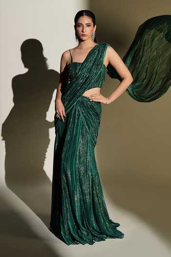 Buy_Kiyohra_Green Georgette, Lurex Square Neck Lumi Print Pre-draped Saree Set _at_Aza_Fashions