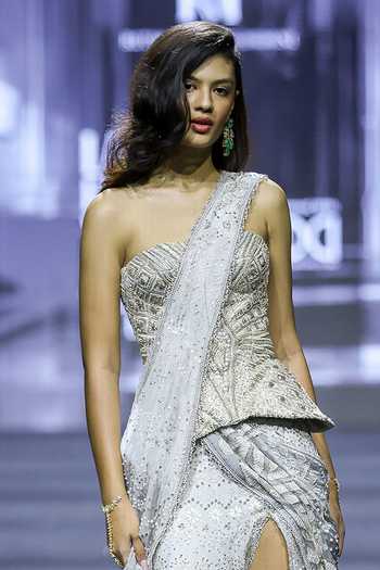 Ritika Mirchandani_Grey Silk, Crepe, Net, Dupion Embroidery, Crystals Rosalie Slit Lehenga Set _Online_at_Aza_Fashions