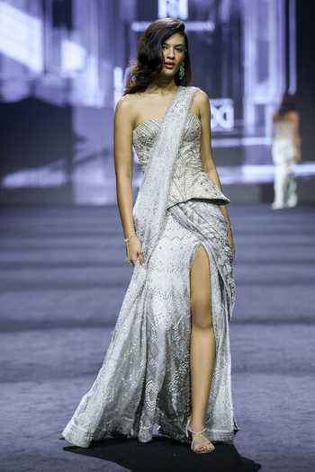 Buy_Ritika Mirchandani_Grey Silk, Crepe, Net, Dupion Embroidery, Crystals Rosalie Slit Lehenga Set _at_Aza_Fashions