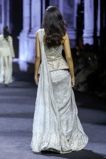 Shop_Ritika Mirchandani_Grey Silk, Crepe, Net, Dupion Embroidery, Crystals Rosalie Slit Lehenga Set _at_Aza_Fashions