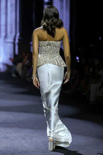 Shop_Ritika Mirchandani_Grey Satin, Net, Dupion Beads, Crystals Cattleya Embellished Corset And Skirt Set _at_Aza_Fashions