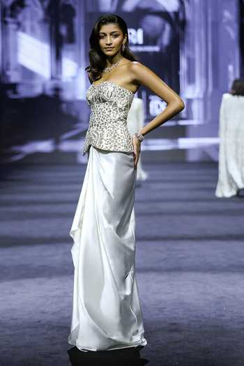 Buy_Ritika Mirchandani_Grey Satin, Net, Dupion Beads, Crystals Cattleya Embellished Corset And Skirt Set _at_Aza_Fashions