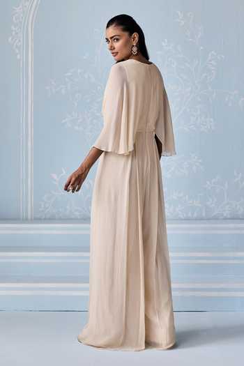Shop_Seema Thukral_Ivory Georgette, Satin V-neck Camille Hand Work Aari Lining Jumpsuit _at_Aza_Fashions