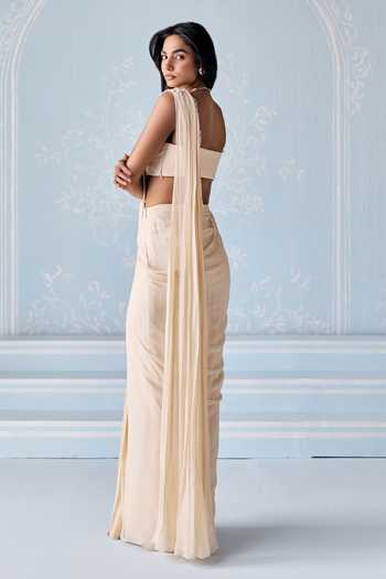 Shop_Seema Thukral_Ivory Georgette, Satin Sweetheart Neck Embellished Blouse With Pre-draped Saree _at_Aza_Fashions