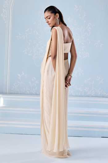 Shop_Seema Thukral_Ivory Georgette, Satin Selene Embellished Blouse With Pre-draped Saree _at_Aza_Fashions