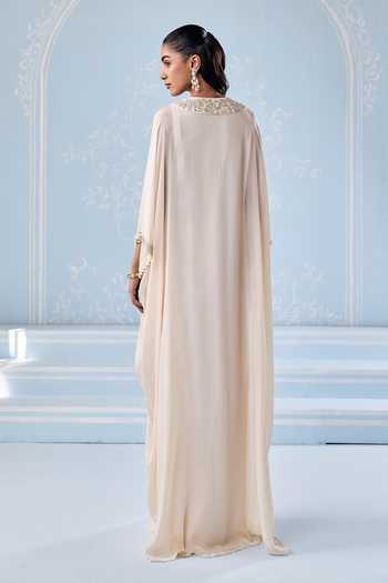 Shop_Seema Thukral_Ivory Satin, Chiffon V-neck Adele Embellished Yoke Kaftan _at_Aza_Fashions