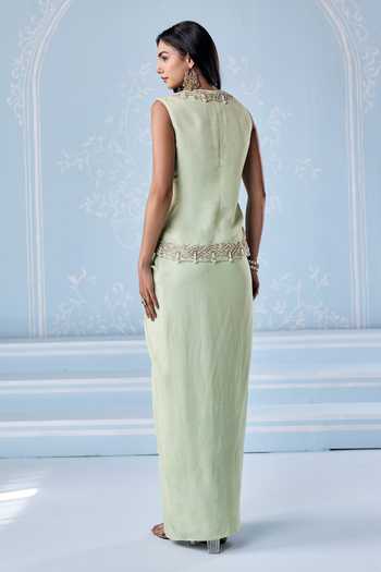 Shop_Seema Thukral_Mint Silk, Satin V-neck Amanda Embellished Jacket With Skirt _at_Aza_Fashions