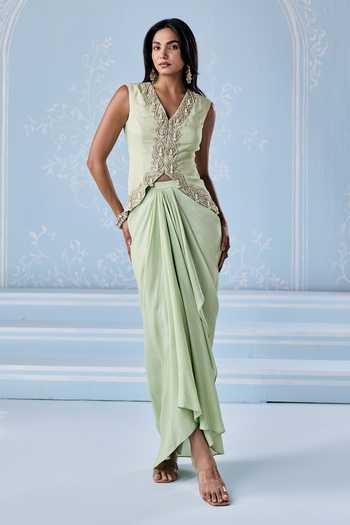 Buy_Seema Thukral_Mint Silk, Satin V-neck Amanda Embellished Jacket With Skirt _at_Aza_Fashions