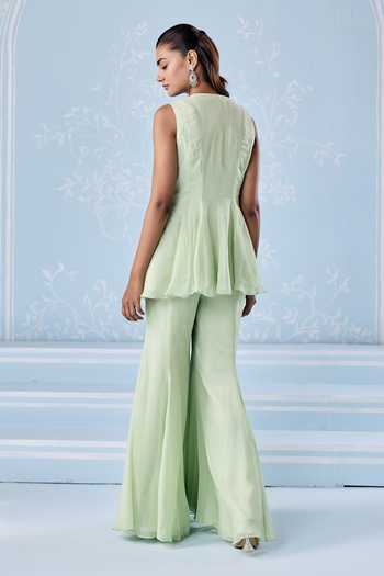 Shop_Seema Thukral_Mint Organza, Satin Scoop Neck Yessi Peplum Embroidered Top With Pant _at_Aza_Fashions