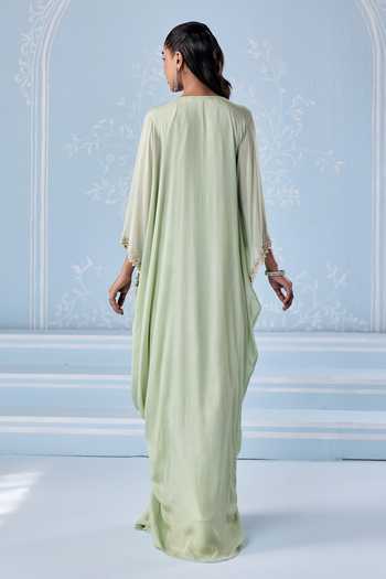 Shop_Seema Thukral_Mint Satin, Chiffon V-neck Norah Embellished Kaftan _at_Aza_Fashions