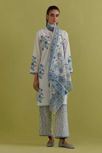 Buy_Upavita_Off White Cotton, Chanderi Round Neck Hand Block Print Kurta Set _at_Aza_Fashions