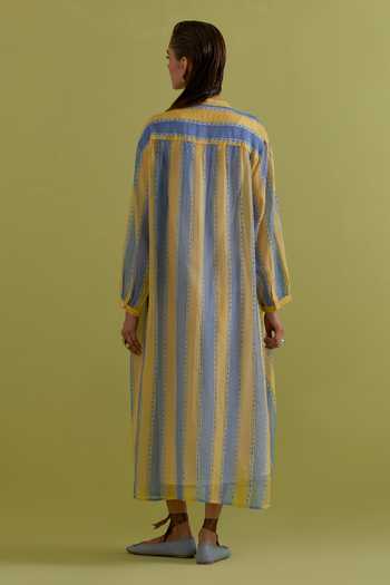 Shop_Upavita_Blue Cotton, Chanderi Round Neck Hand Block Striped Dress _at_Aza_Fashions
