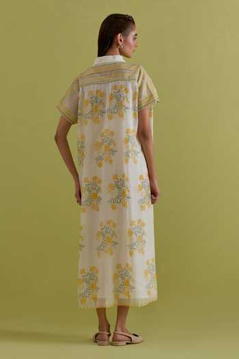 Shop_Upavita_Off White Cotton, Chanderi Collared Hand Block Print Dress _at_Aza_Fashions