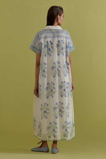 Shop_Upavita_Off White Cotton, Chanderi Collared Floral Hand-block Print Dress _at_Aza_Fashions