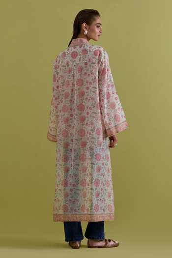 Shop_Upavita_Off White Cotton, Chanderi Hand Block Print Jacket _at_Aza_Fashions