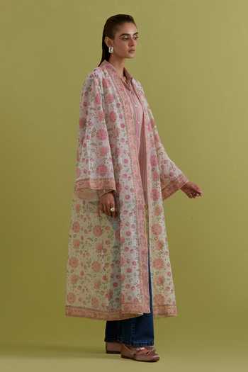 Shop_Upavita_Off White Cotton, Chanderi Hand Block Print Jacket _Online_at_Aza_Fashions