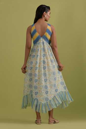 Shop_Upavita_Off White Cotton, Chanderi V-neck Hand Block Print Dress _at_Aza_Fashions