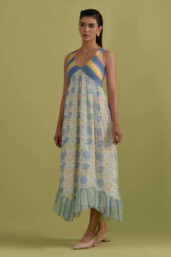 Upavita_Off White Cotton, Chanderi V-neck Hand Block Print Dress _Online_at_Aza_Fashions