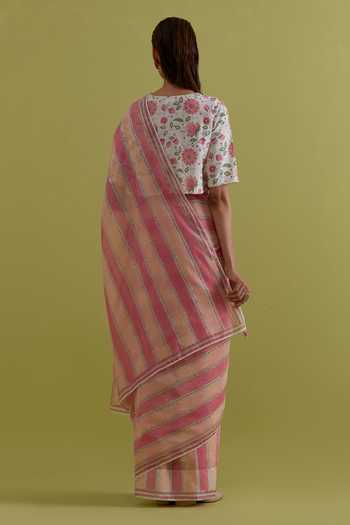 Shop_Upavita_Pink Cotton, Chanderi Round Neck Hand Block Print Saree With Blouse _at_Aza_Fashions
