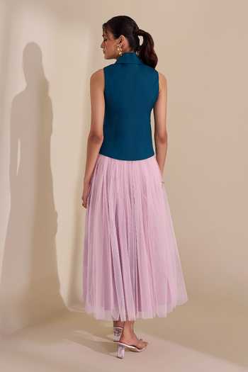 Naintara Bajaj_Pink Net Draped Structured Waistband Skirt _Online_at_Aza_Fashions