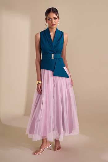 Buy_Naintara Bajaj_Pink Net Draped Structured Waistband Skirt _Online_at_Aza_Fashions