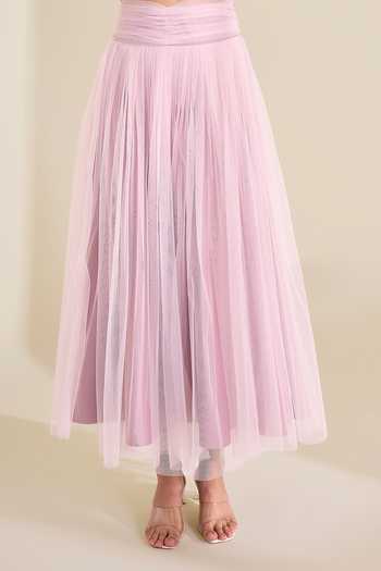 Naintara Bajaj_Pink Net Draped Structured Waistband Skirt _at_Aza_Fashions