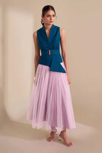 Buy_Naintara Bajaj_Pink Net Draped Structured Waistband Skirt 